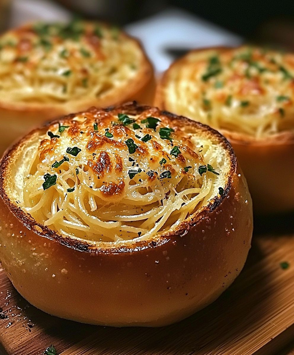 Spaghetti Garlic Bread Bowls