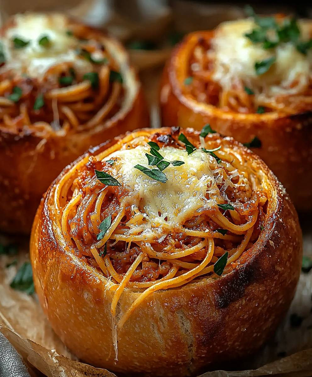 Spaghetti Garlic Bread Bowls