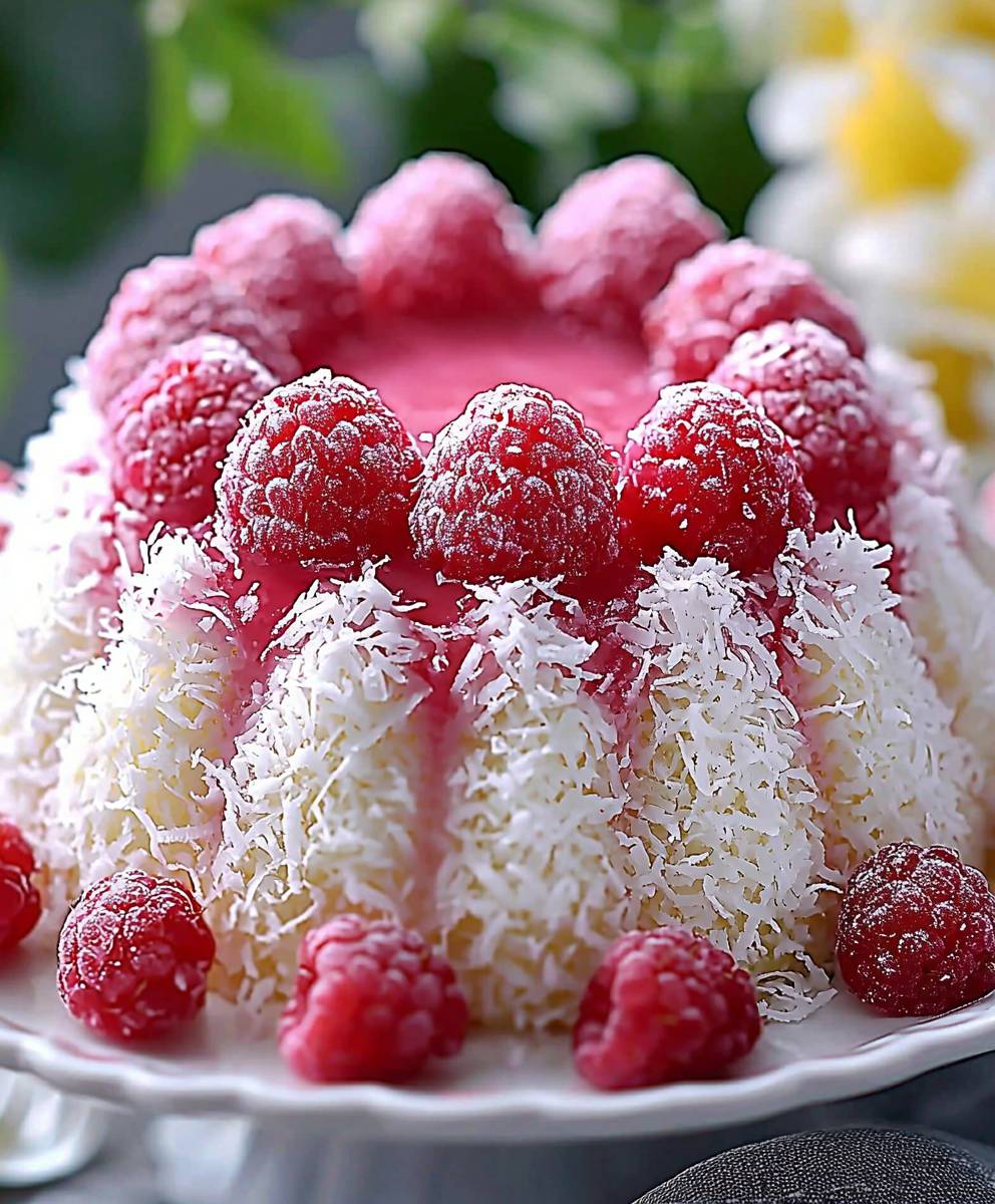 Raspberry Coconut Snowball Cake