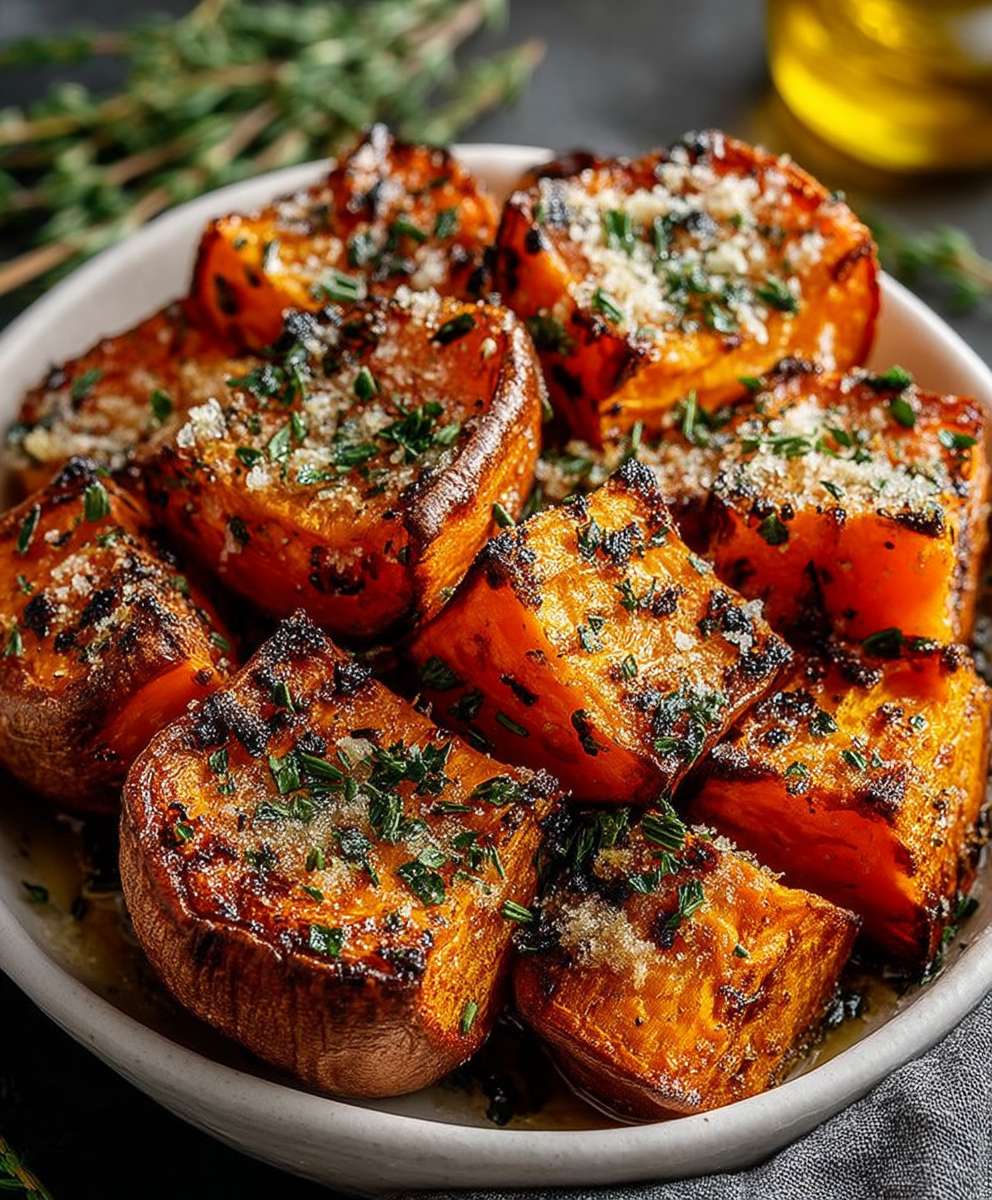 Garlic Parmesan Roasted Sweet Potatoes