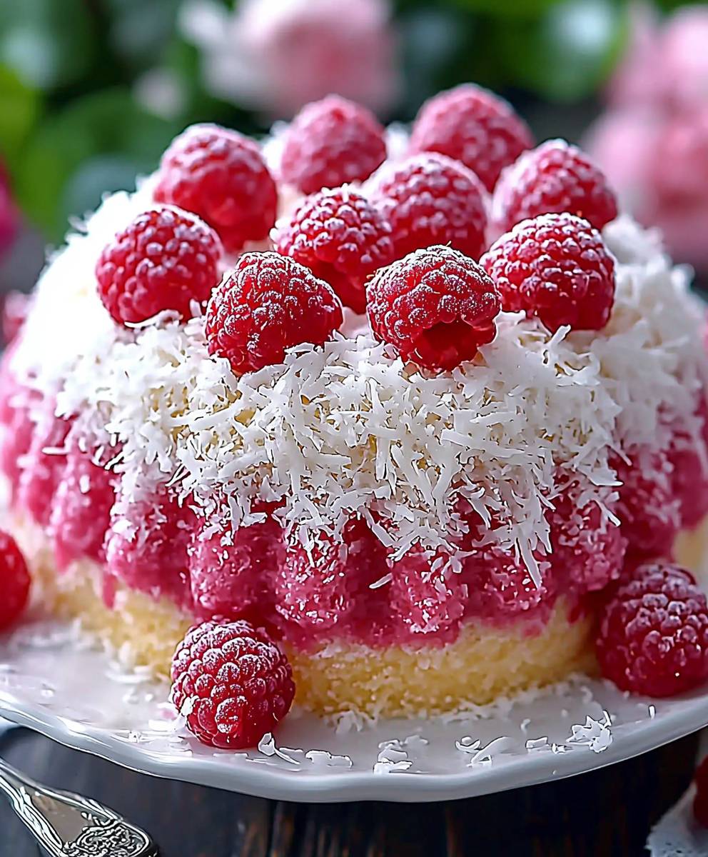 Raspberry Coconut Snowball Cake