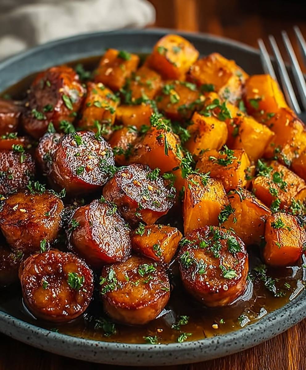 Sausage sweet potatoes honey garlic