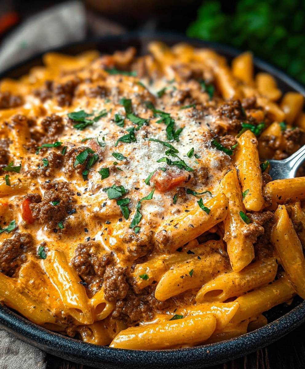 High protein creamy beef pasta