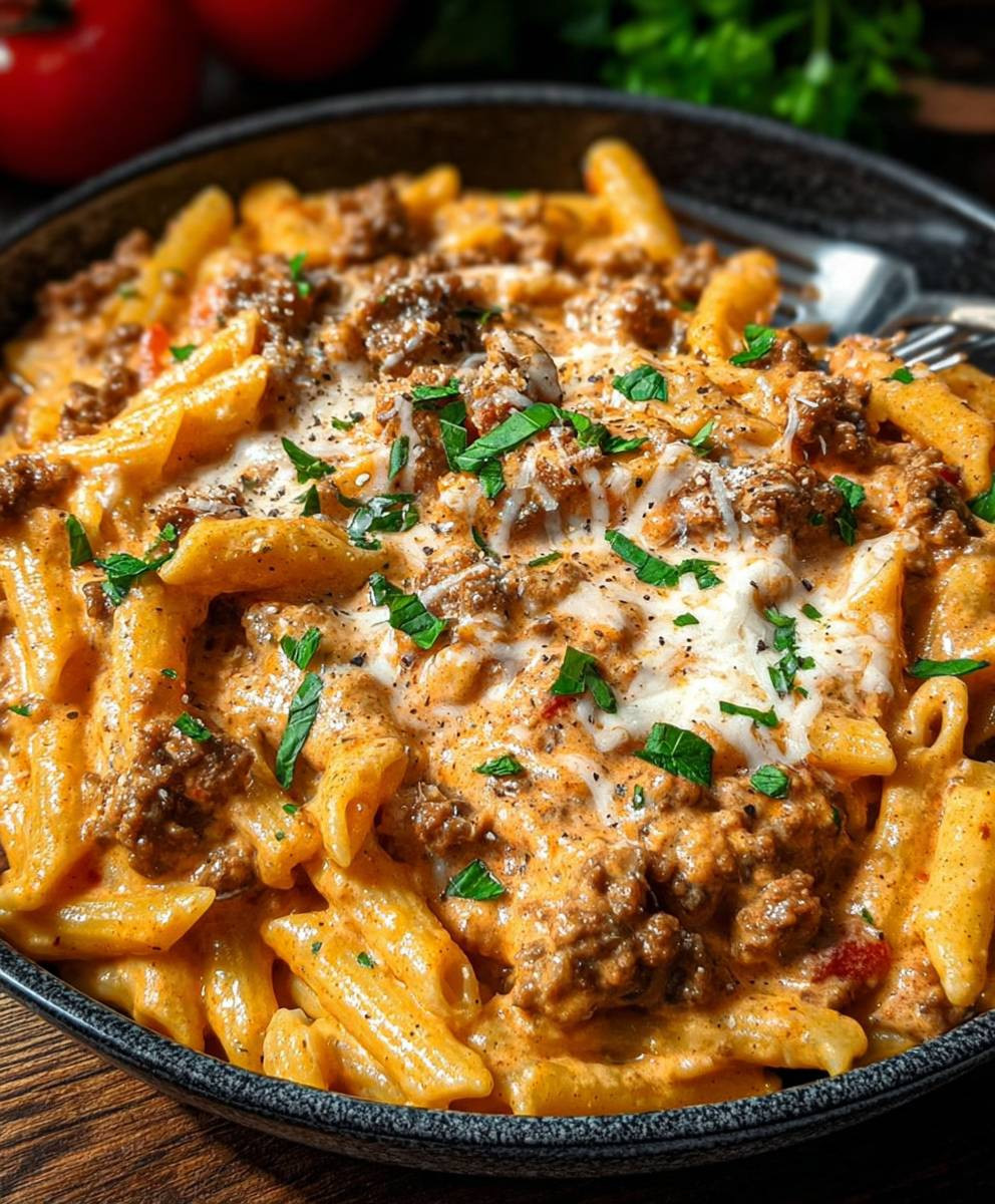 High protein creamy beef pasta