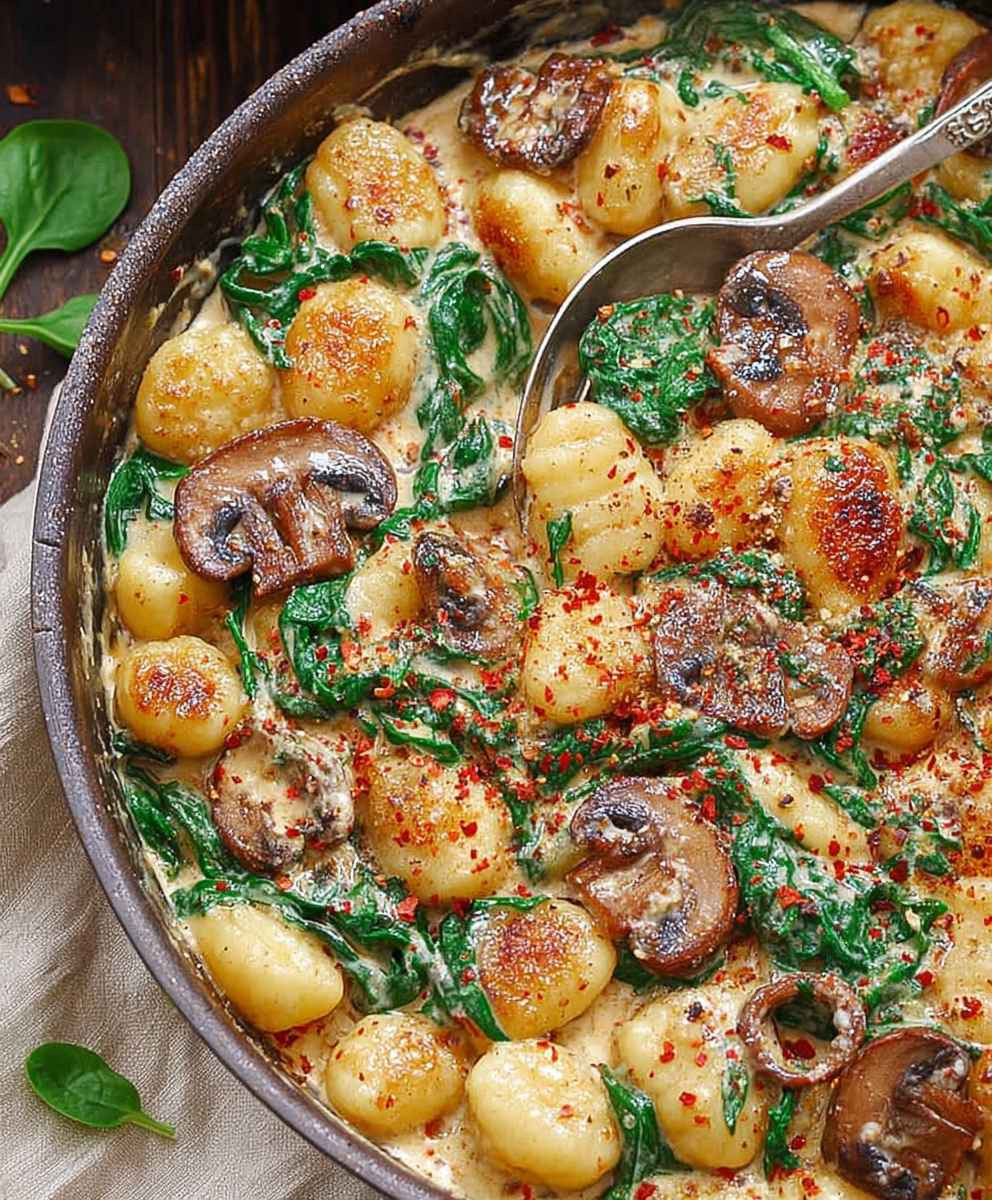 Spinach mushroom gnocchi one pan