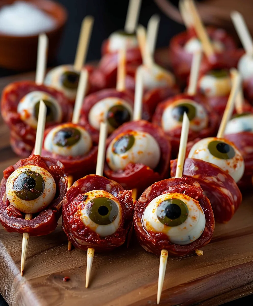 Creepy-Cute Skewered Beef Salami Eyeballs for Halloween Fun!
