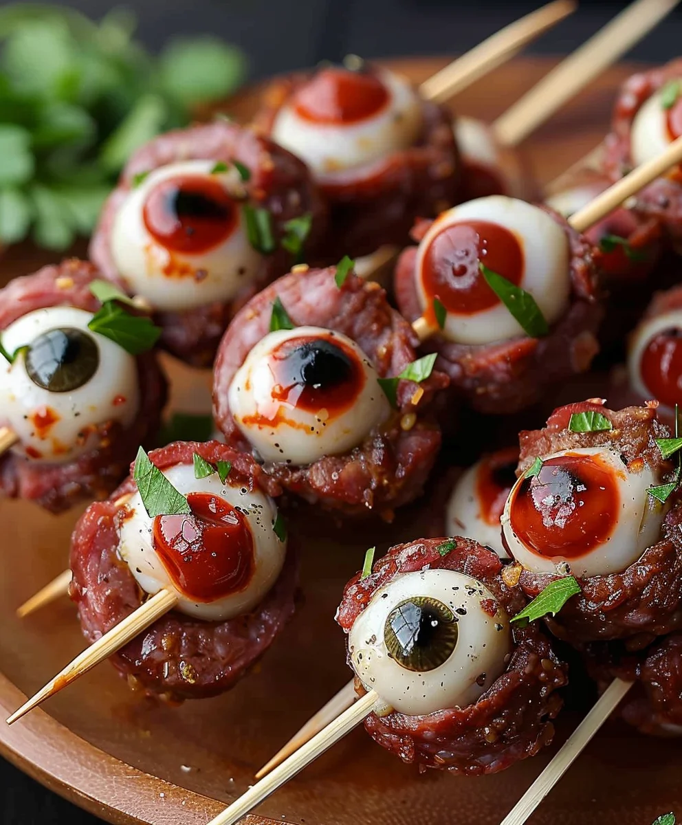 Creepy-Cute Skewered Beef Salami Eyeballs for Halloween Fun!