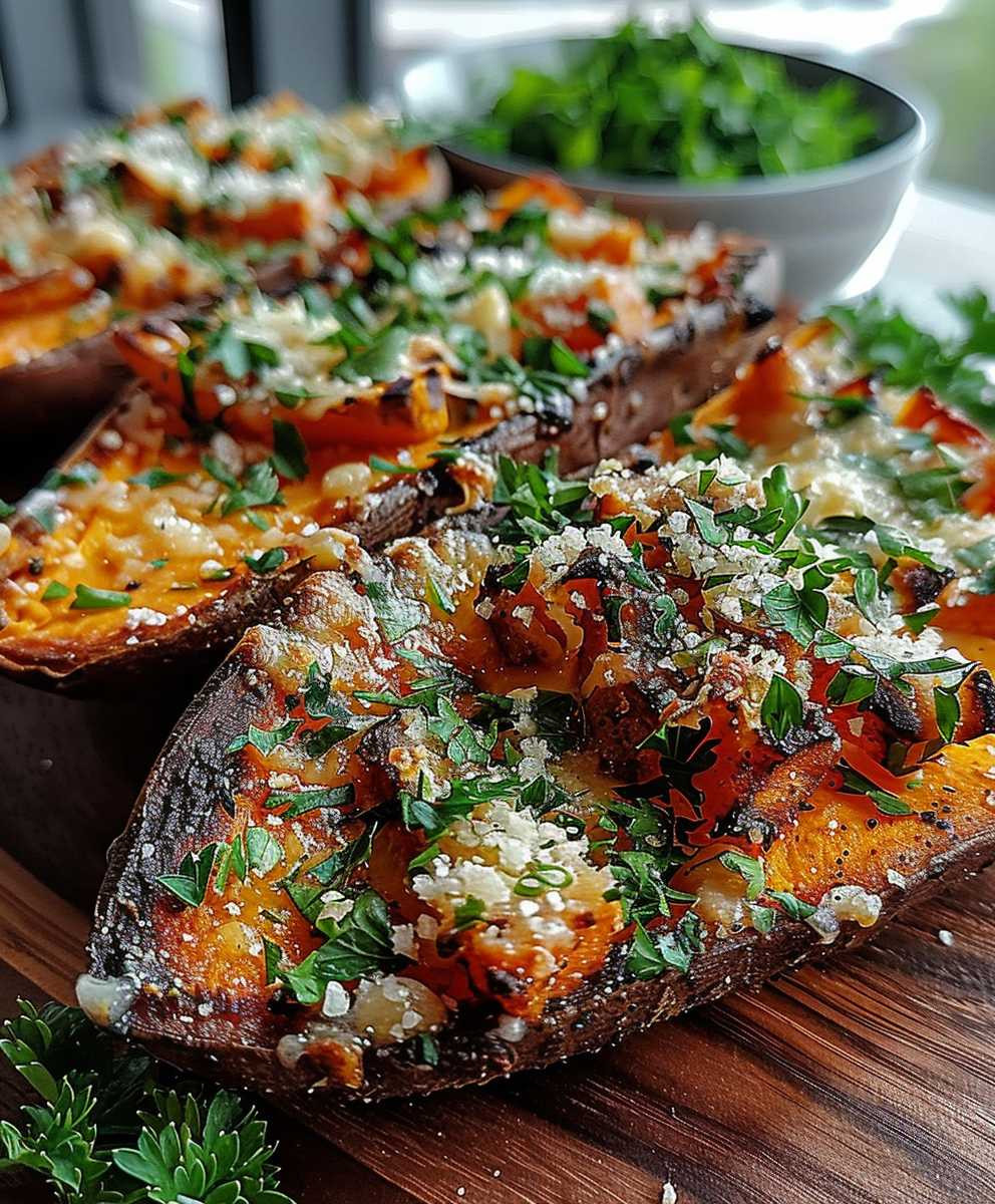 Garlic Parmesan Sweet Potato Wedges