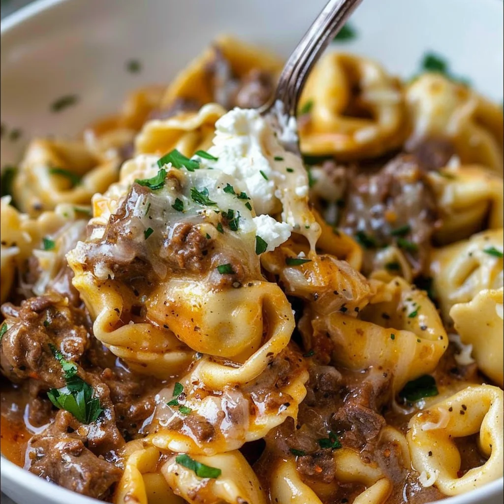 Beef Cheesesteak Tortellini with Rich Provolone Sauce
