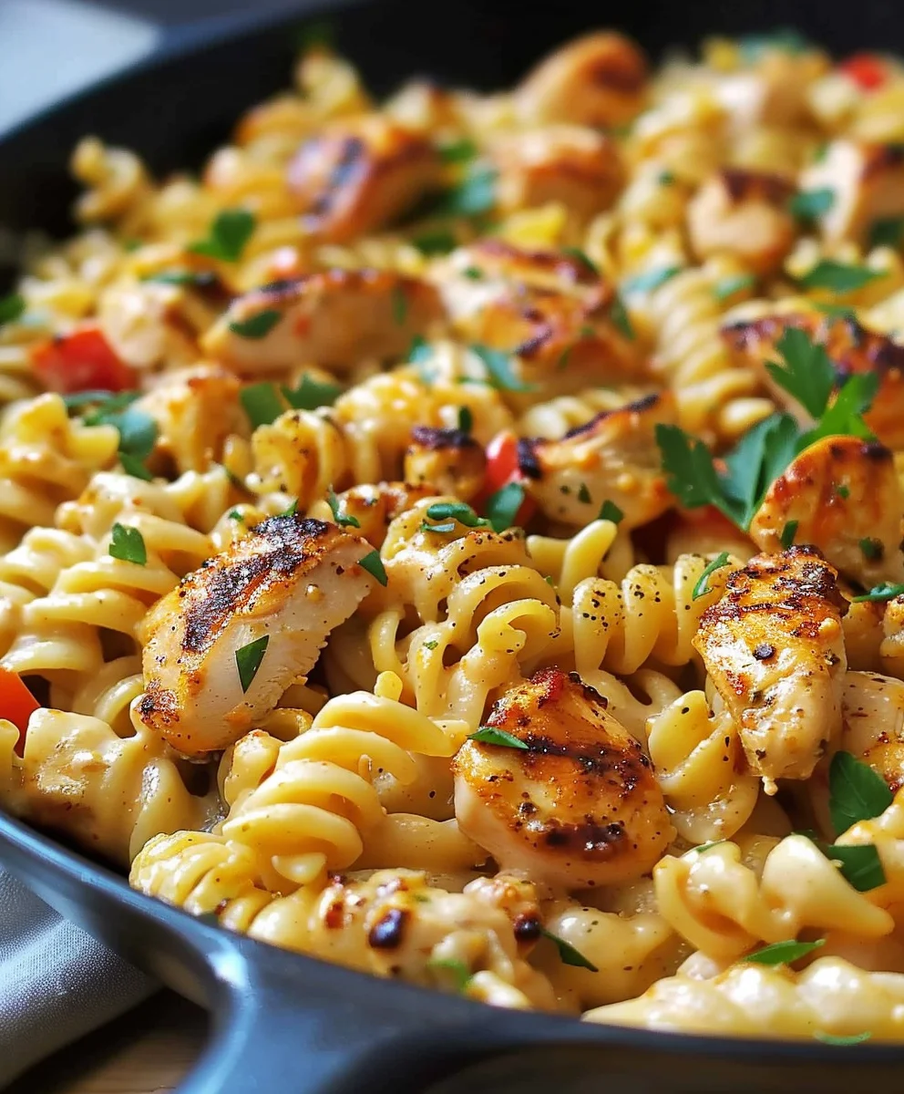 Easy Cheesy Cajun Garlic Chicken Rotini Skillet Dinner