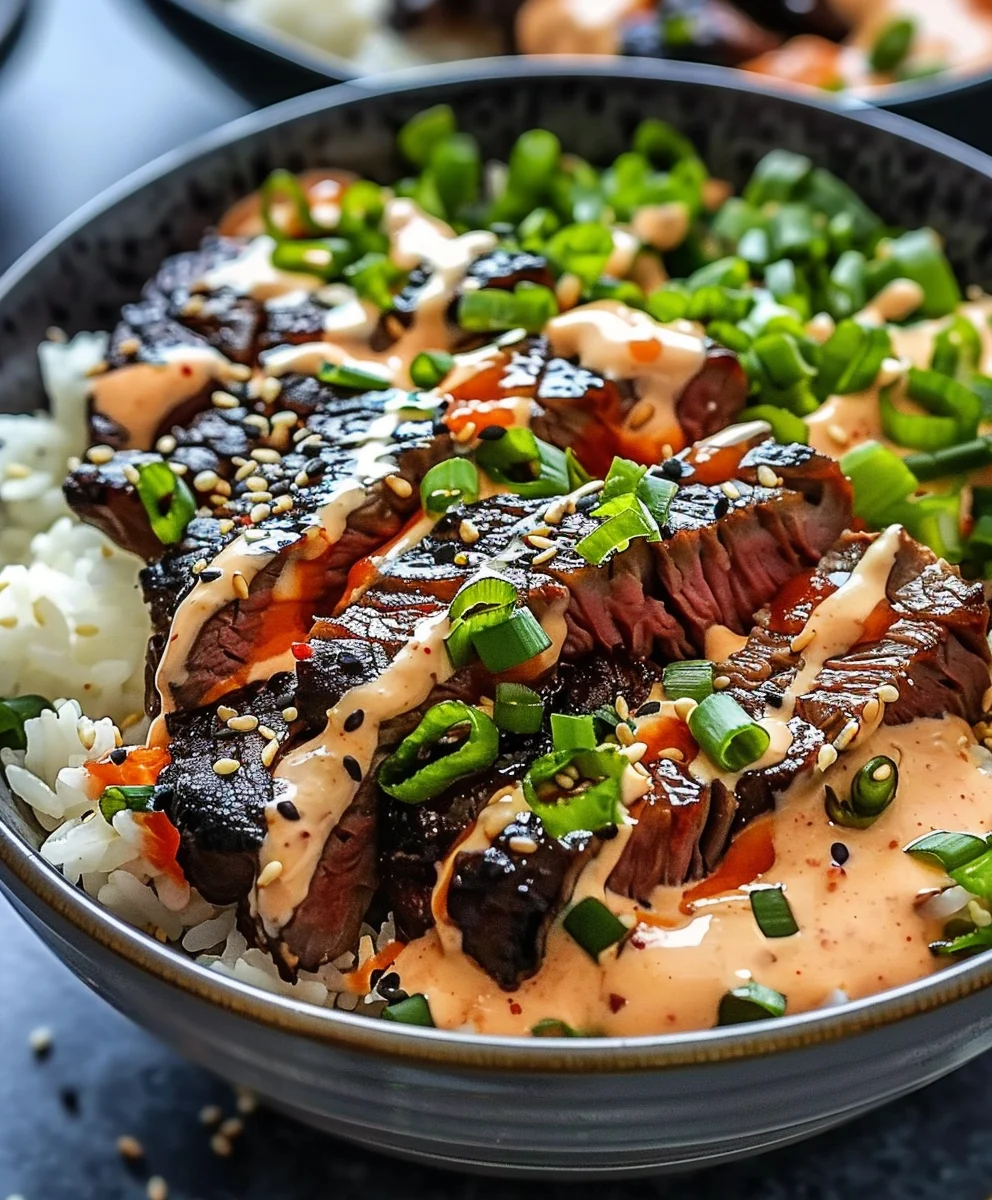 Delicious Korean BBQ Steak Rice Bowls with Spicy Cream Sauce