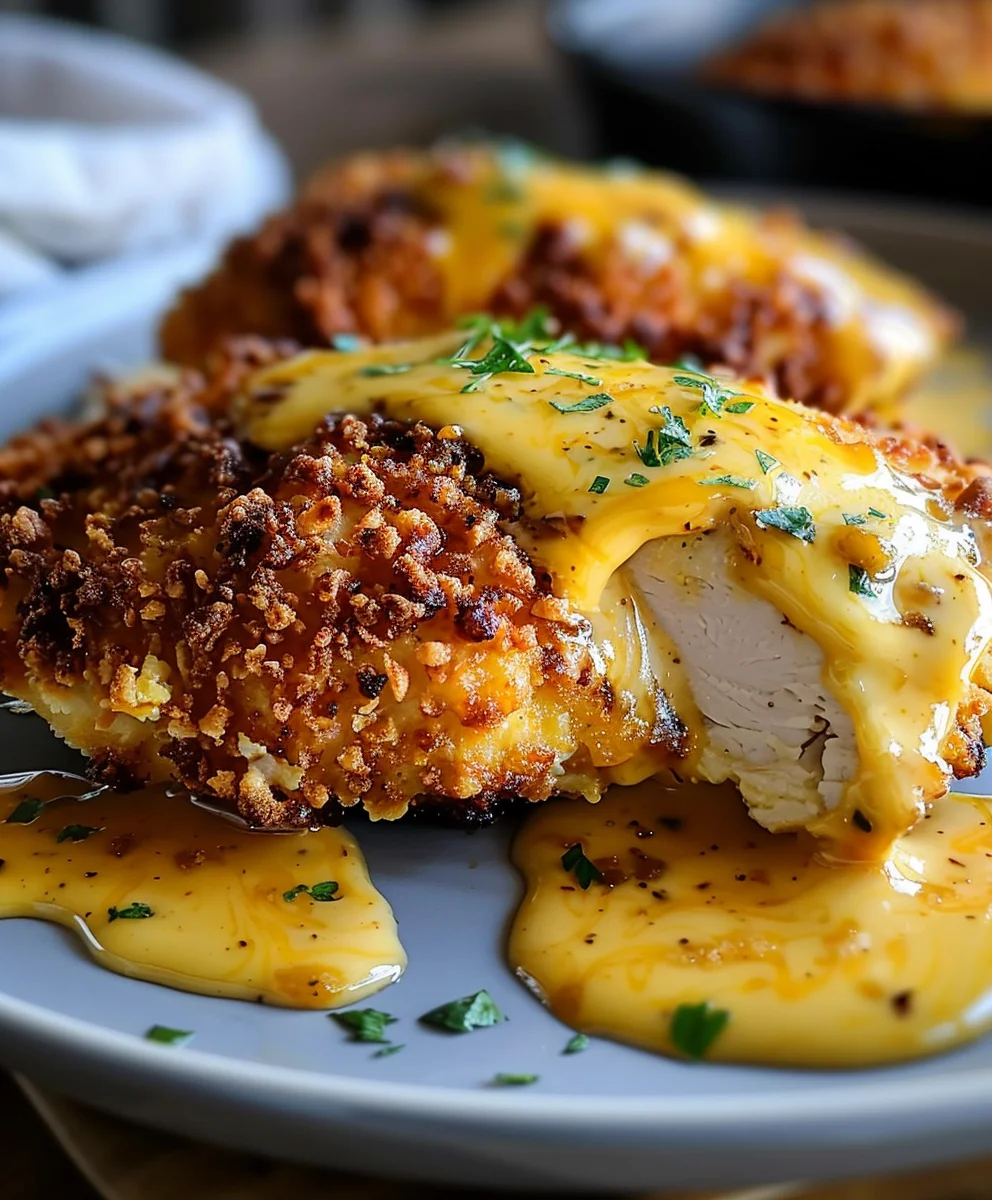 Pretzel Chicken with Mustard Cheddar Sauce - Easy Dinner!