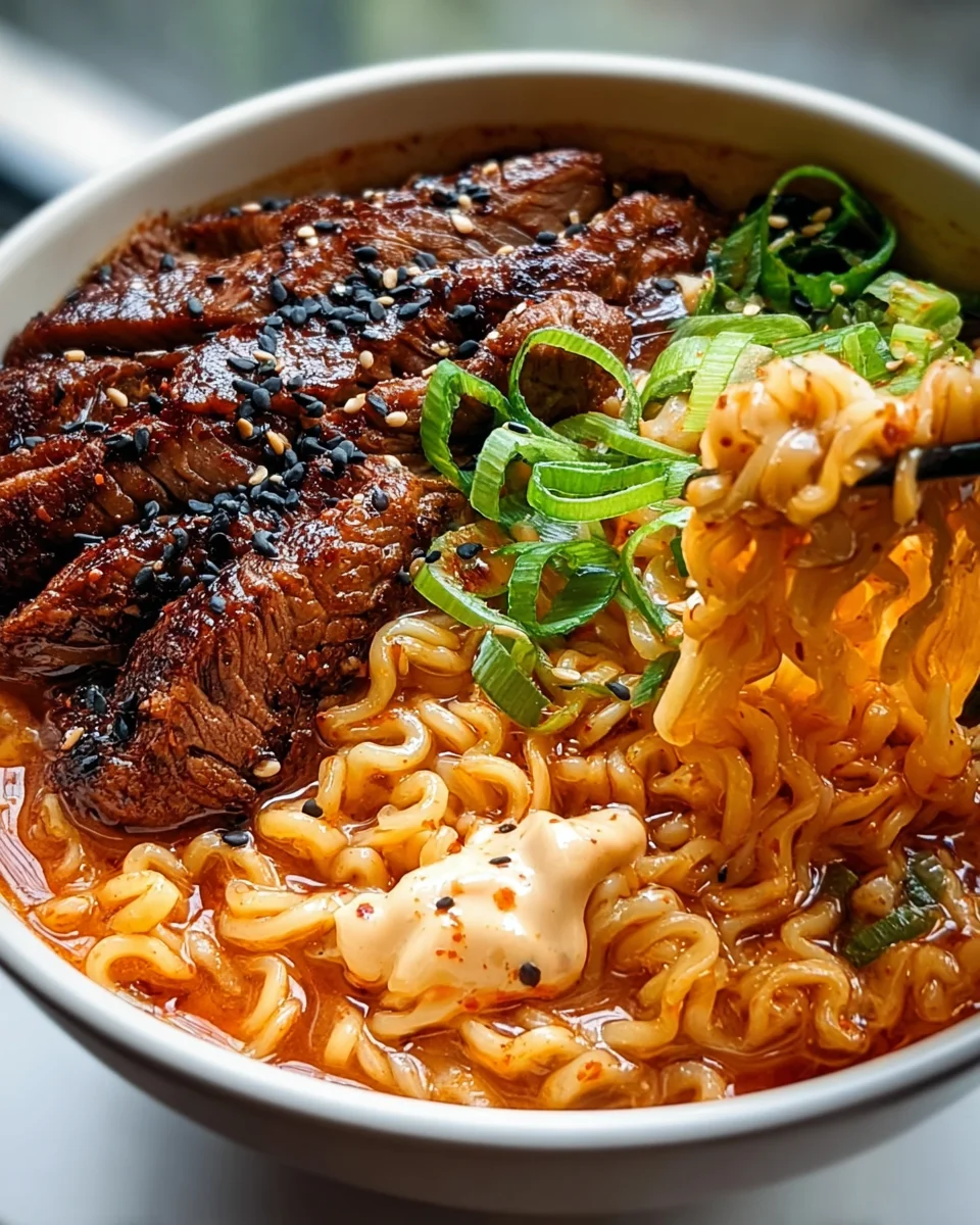 Spicy Korean Ramen with Grilled Beef & Creamy Sauce