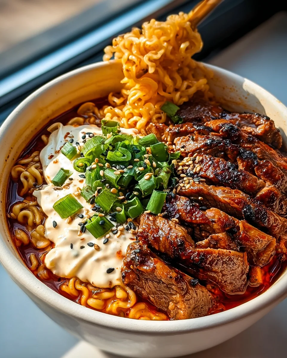 Spicy Korean Ramen with Grilled Beef Creamy Sauce