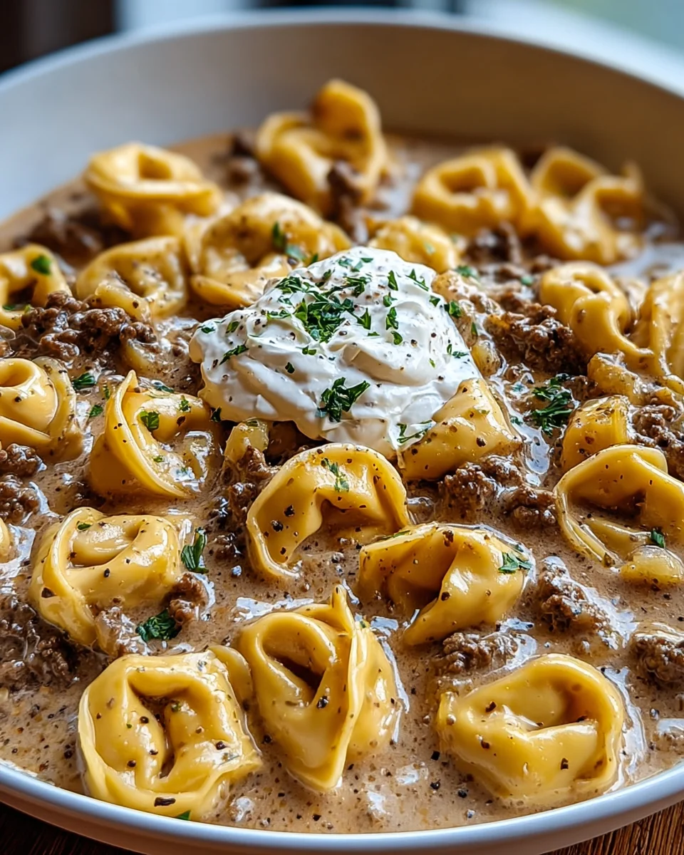 Creamy Skillet Beef Stroganoff Tortellini - Easy Weeknight!