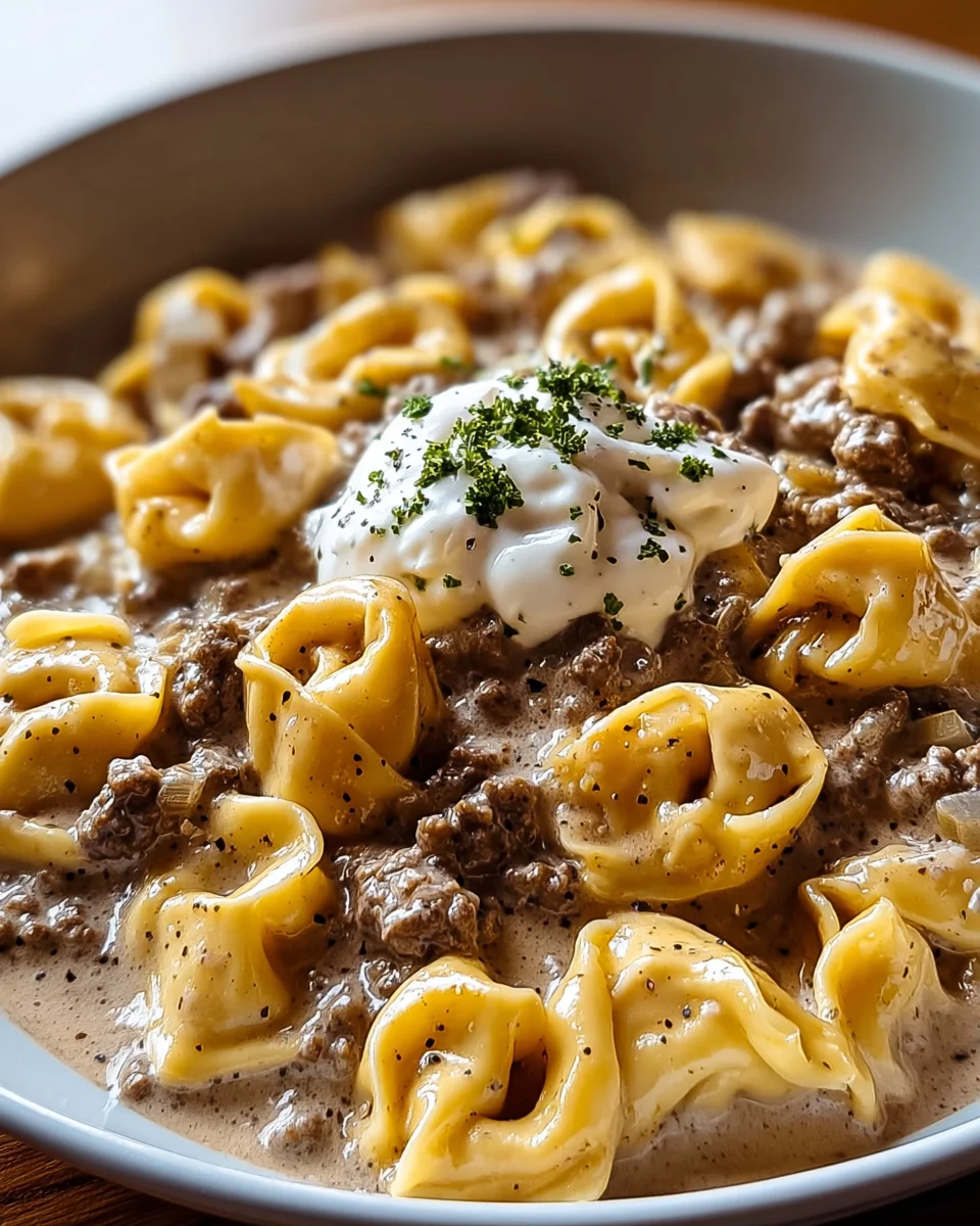Creamy Skillet Beef Stroganoff Tortellini - Easy Weeknight!