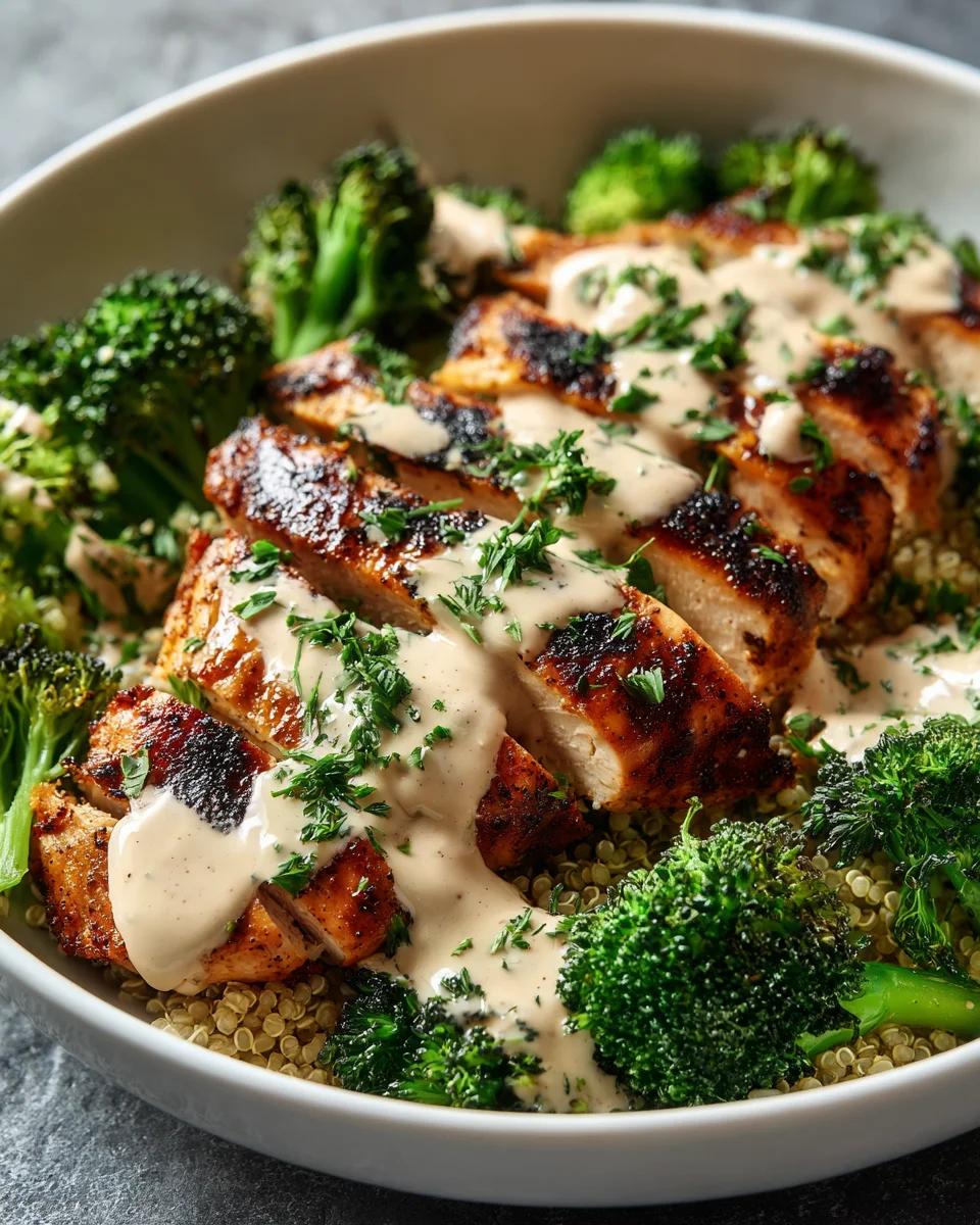 Grilled Chicken Broccoli Bowls with Creamy Garlic Sauce Recipe