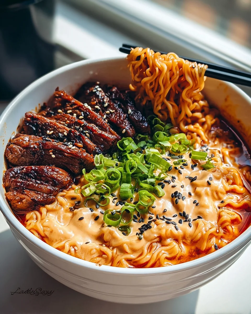 Spicy Korean Ramen with Grilled Beef & Creamy Sauce Delight