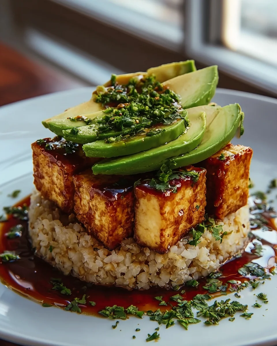 Crispy Teriyaki Tofu & Avocado Rice Stack - Easy Recipe!