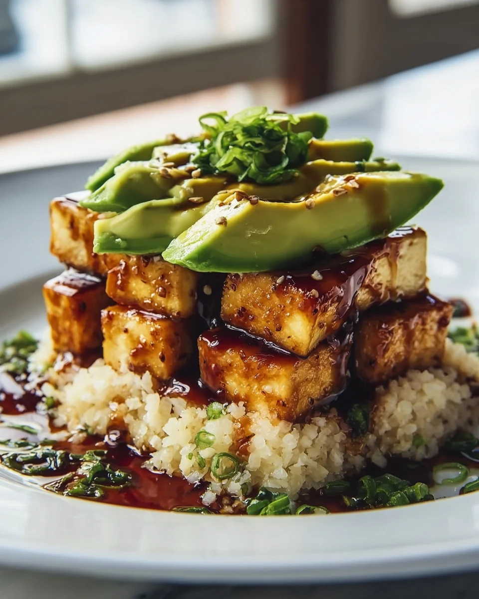 Crispy Teriyaki Tofu & Avocado Rice Stack - Easy Recipe!