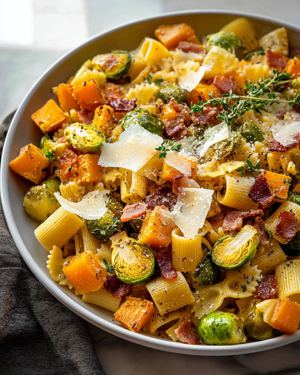 Savory Beef Bacon Brussels Sprouts Butternut Squash Pasta Recipe