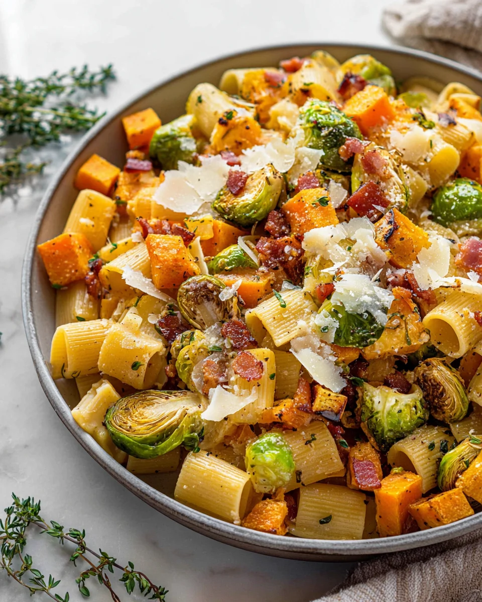 Savory Beef Bacon Brussels Sprouts Butternut Squash Pasta Recipe