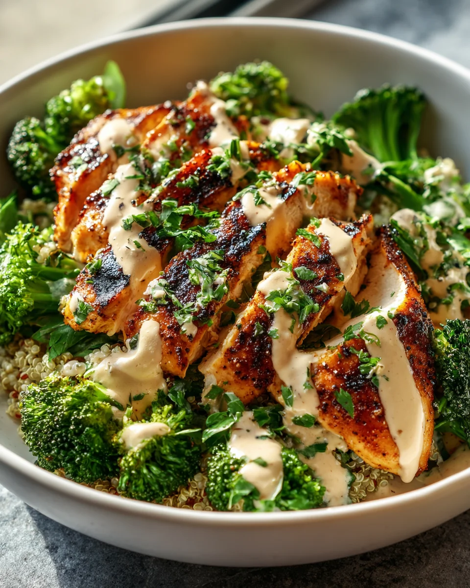 Grilled Chicken Broccoli Bowls with Creamy Garlic Sauce Recipe