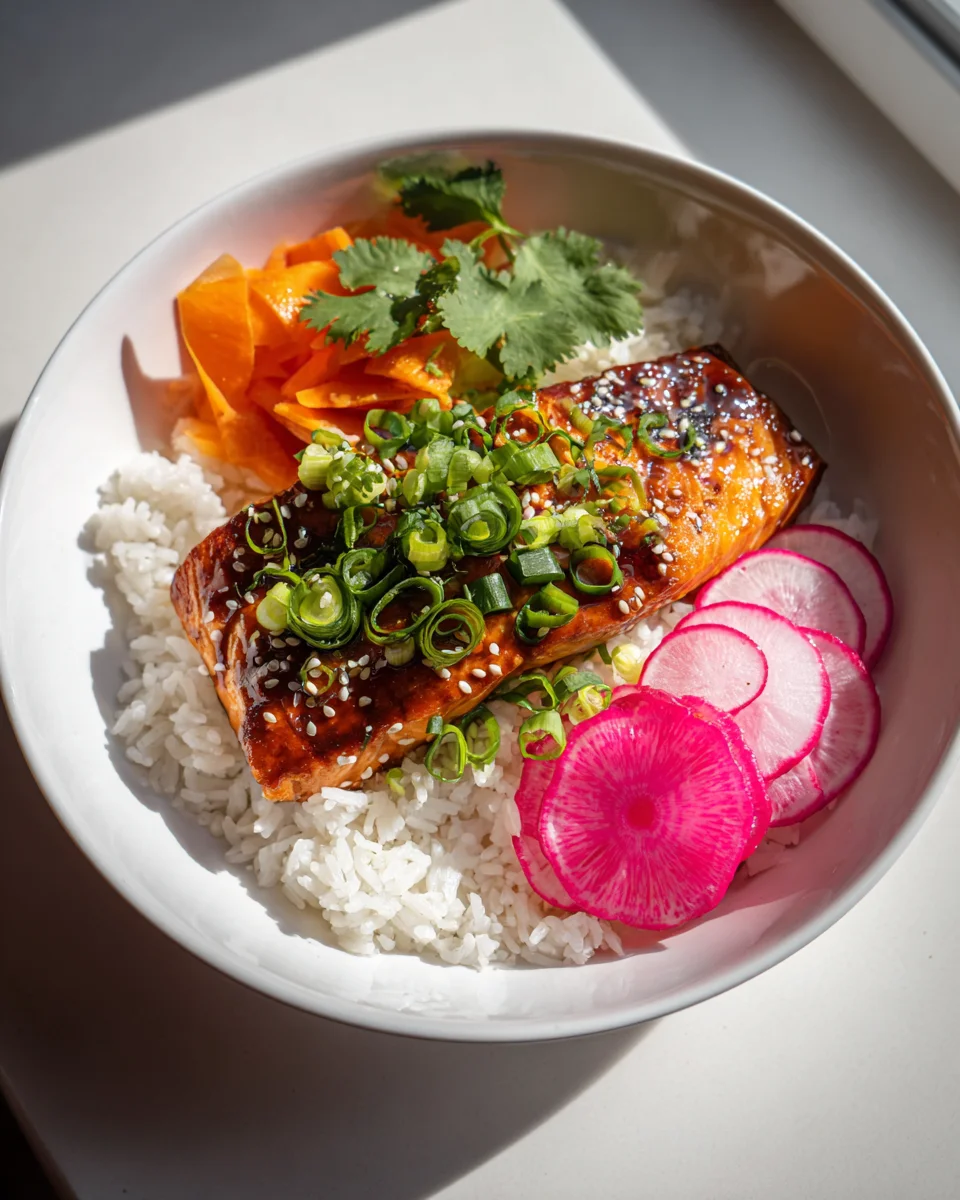 Delicious Teriyaki Salmon Rice Taco Bowls with Pickled Veggies