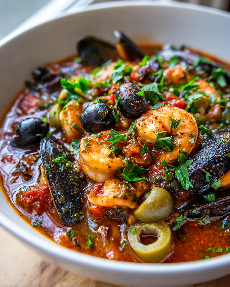 Mediterranean Seafood & Shrimp Chili with Olives - Delicious!