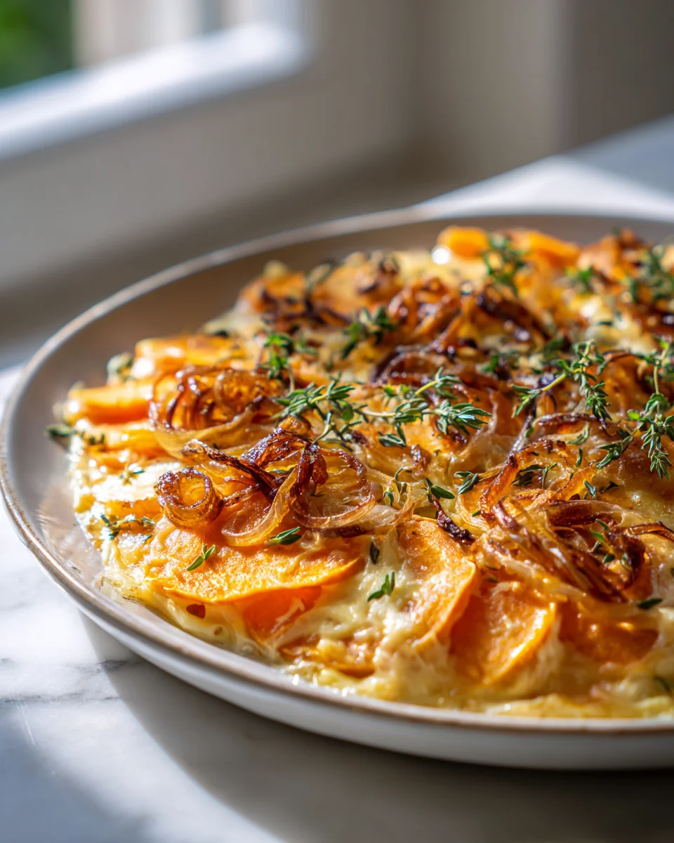 Cheesy Sweet Potato Gratin with Caramelized Onions Delight