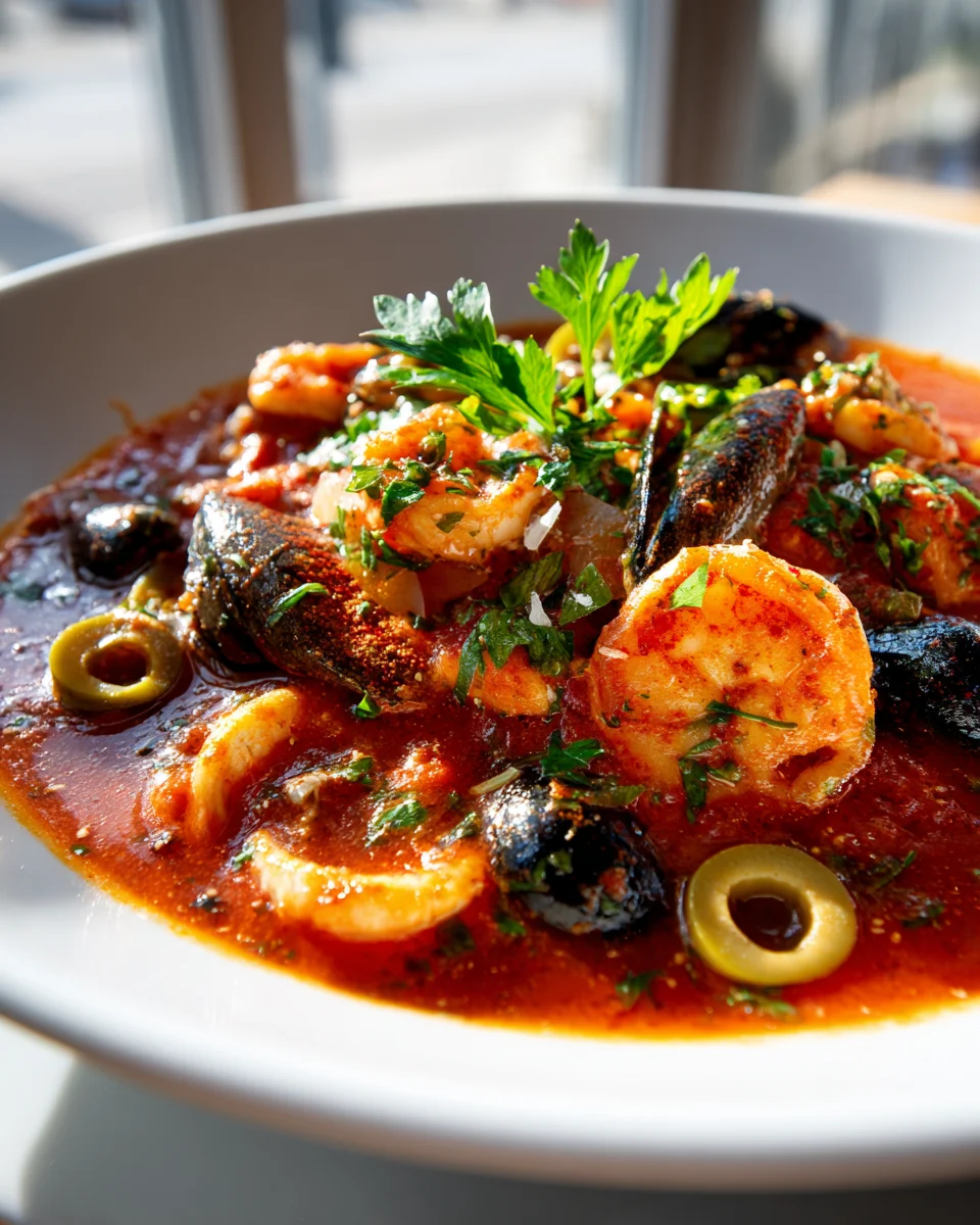 Mediterranean Seafood & Shrimp Chili with Olives - Delicious!