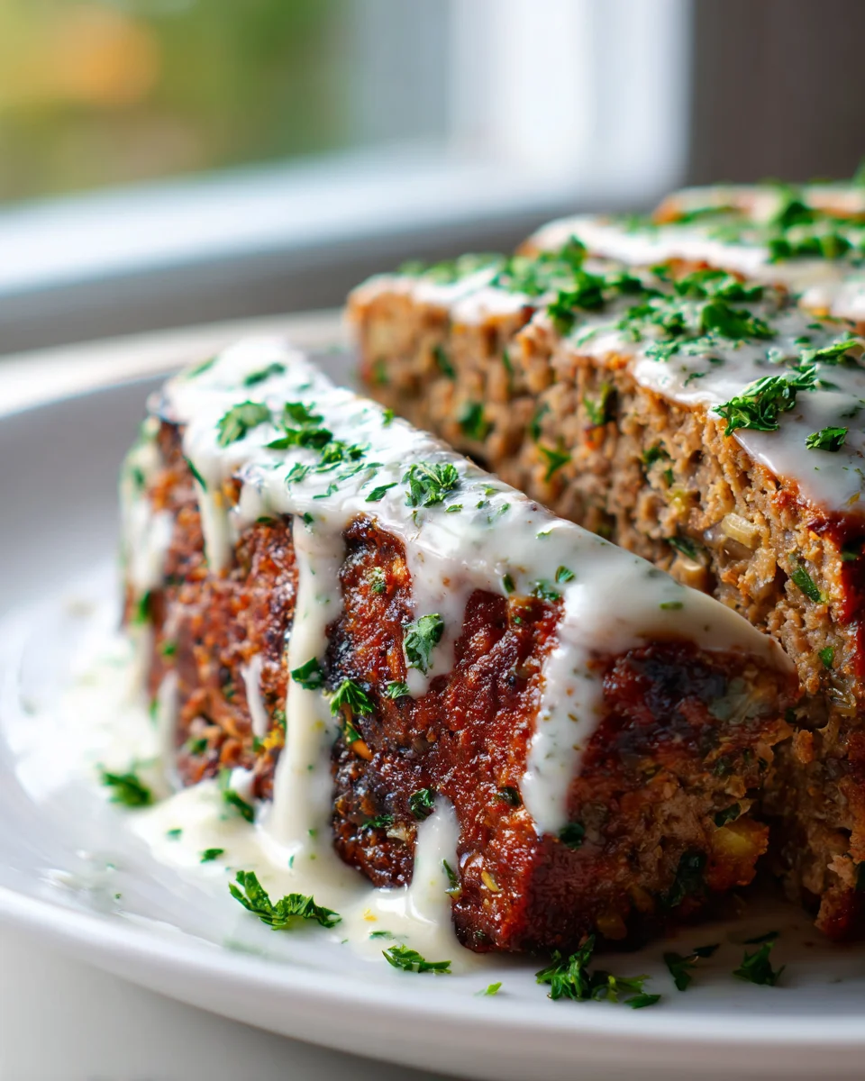Savory Mediterranean Beef Meatloaf with Garlic Herb Sauce