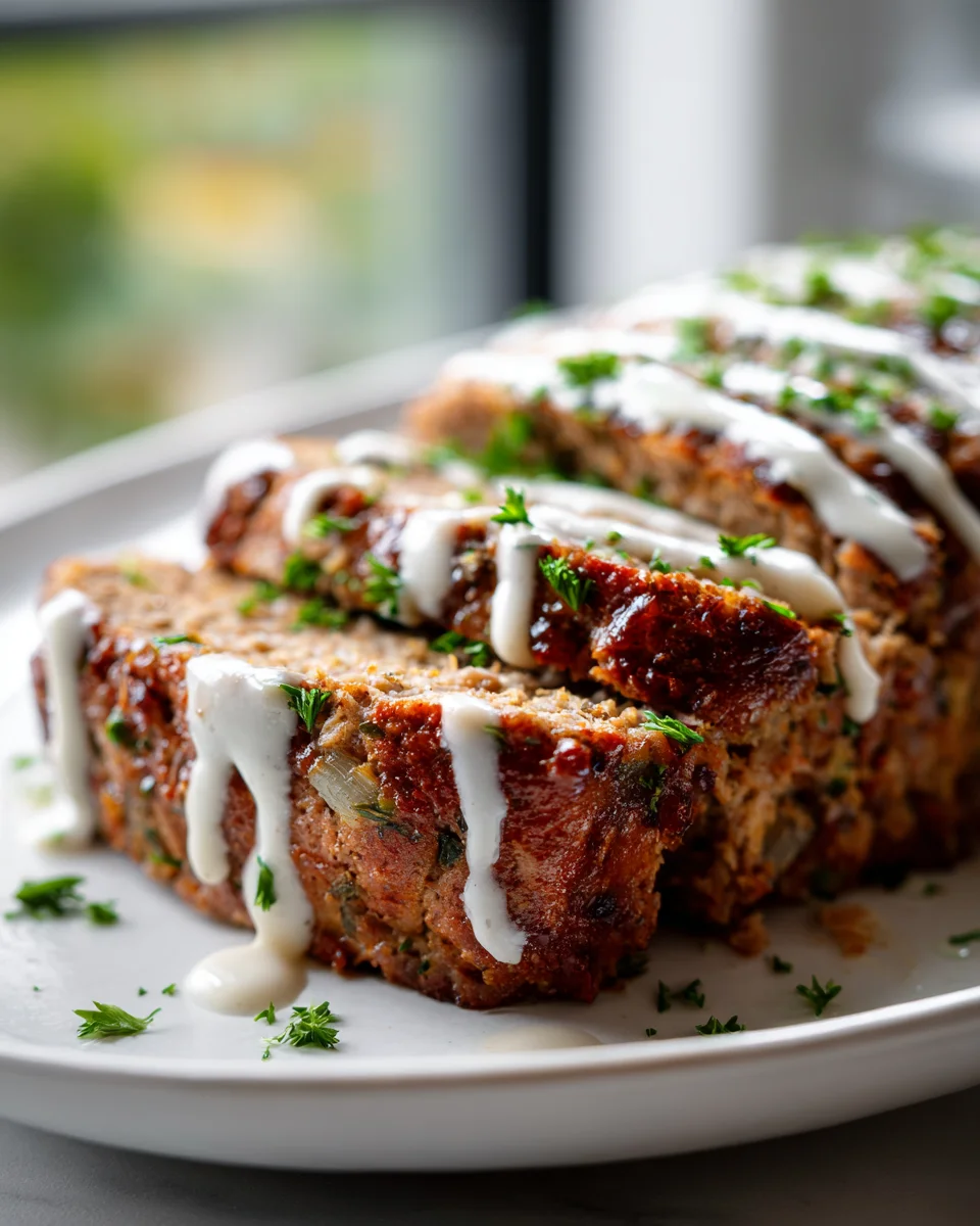 Savory Mediterranean Beef Meatloaf with Garlic Herb Sauce