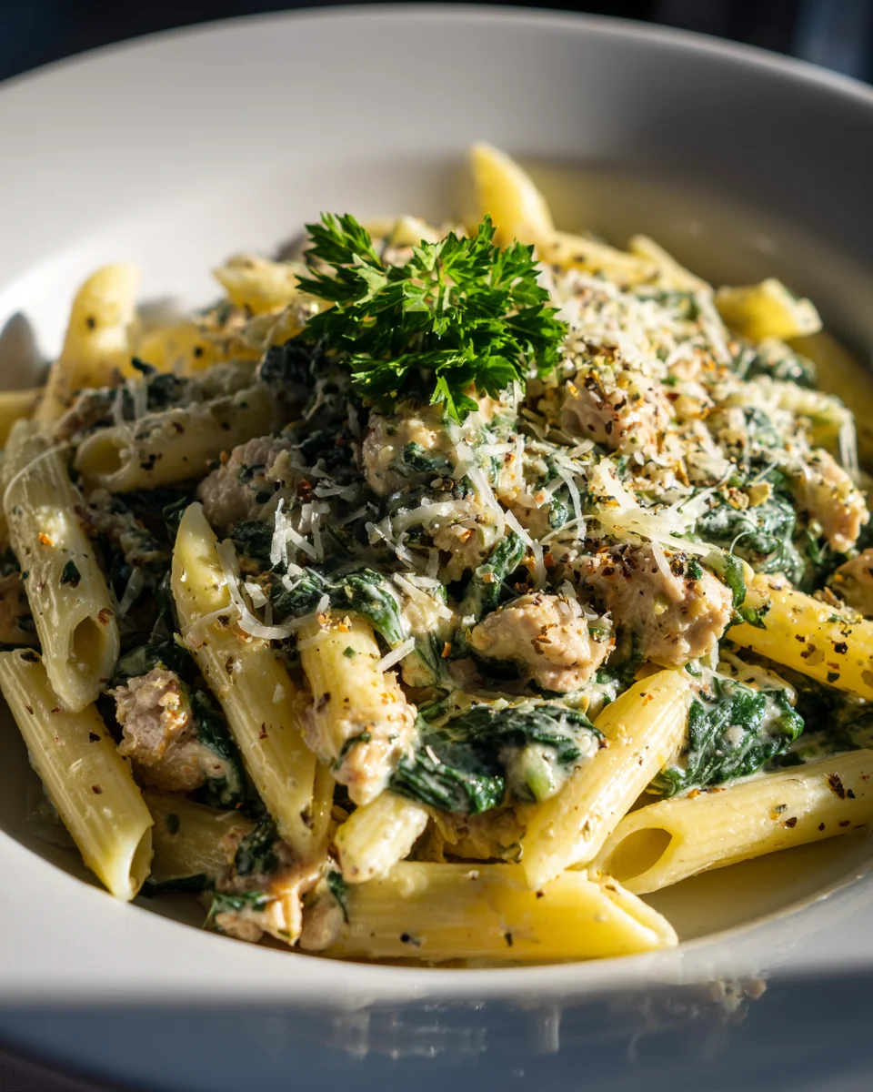 Creamy Ground Chicken Pasta with Spinach - Easy & Quick