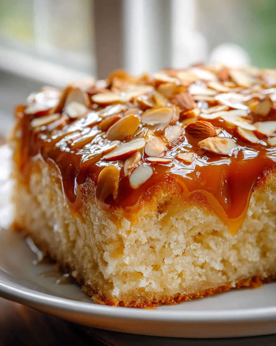 Delicious Bee Sting Sheet Cake: Caramel Almond Topping