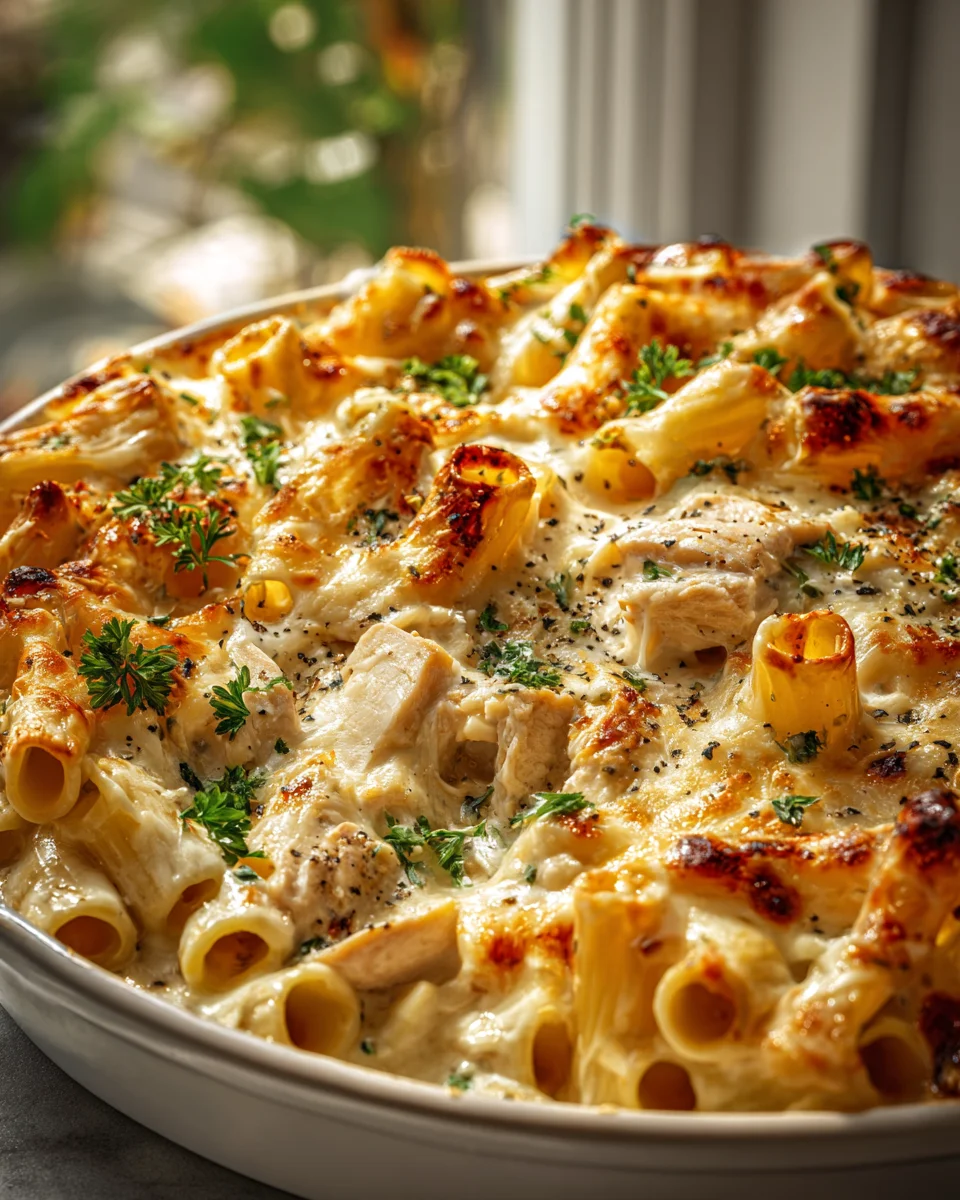 Mouthwatering Cheesy Garlic Chicken Rigatoni Casserole