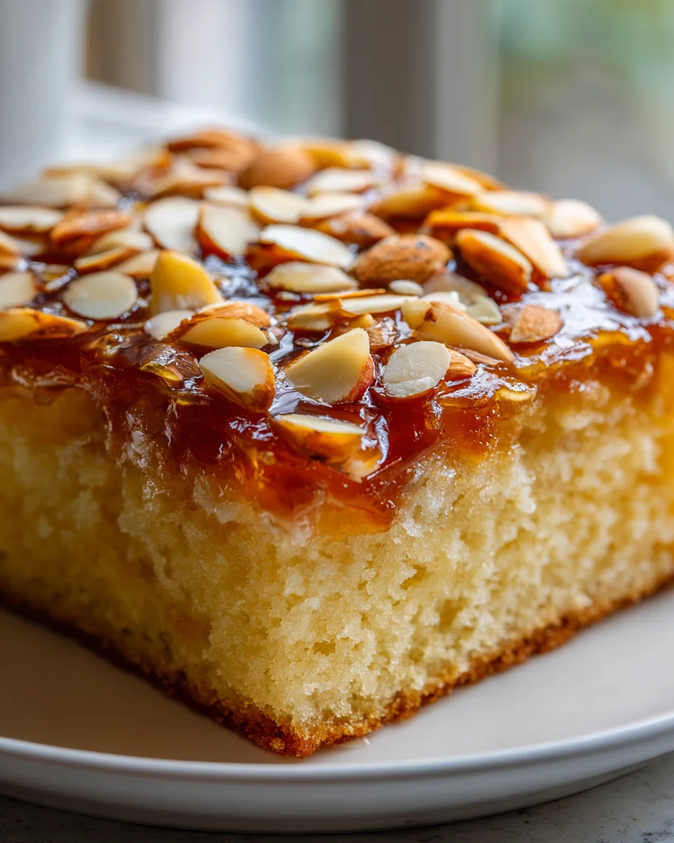 Delicious Bee Sting Sheet Cake: Caramel Almond Topping