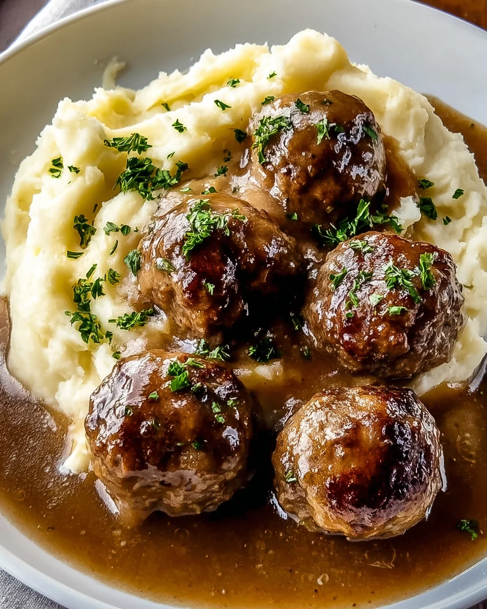 Salisbury Steak Meatballs & Garlic Herb Mashed Potatoes Recipe