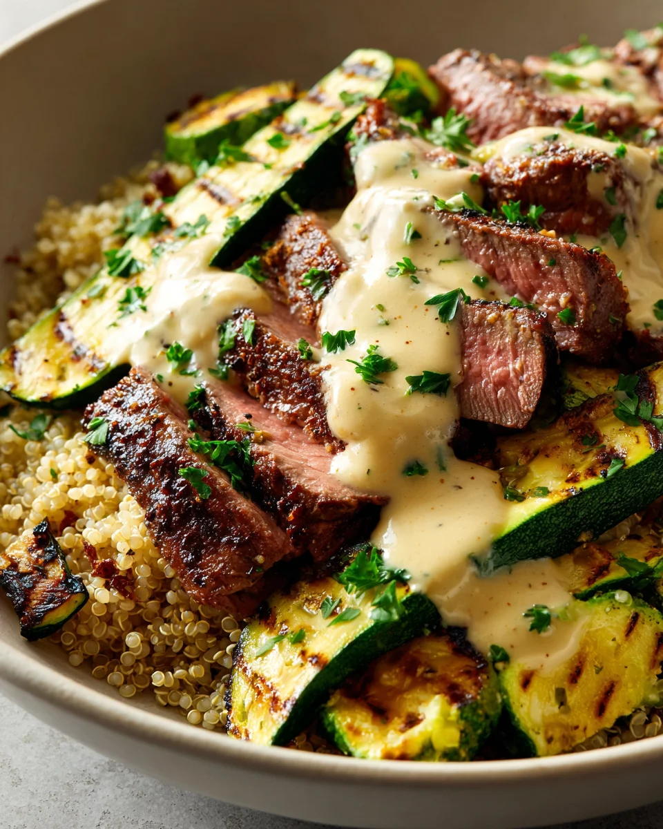 Amazing Grilled Steak Bowl with Creamy Sauce & Zucchini