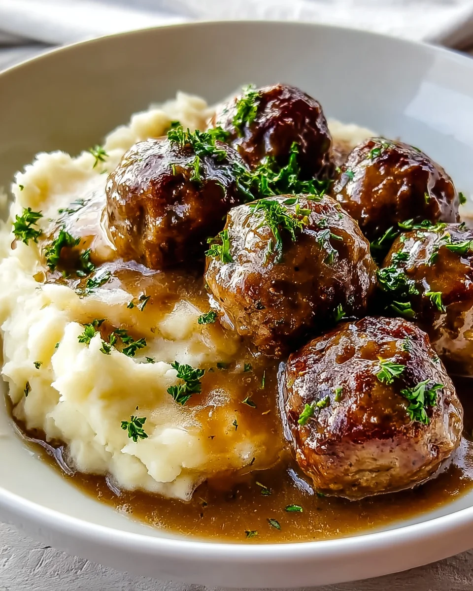 Salisbury Steak Meatballs & Garlic Herb Mashed Potatoes Recipe
