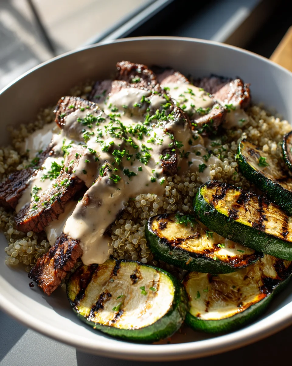 Amazing Grilled Steak Bowl with Creamy Sauce & Zucchini