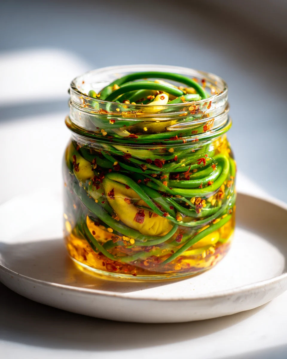 Spicy Pickled Garlic Scapes with Vinegar Brine Recipe