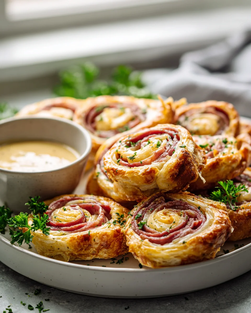 Beef Ham and Cheese Puff Pastry Pinwheels with Honey Mustard