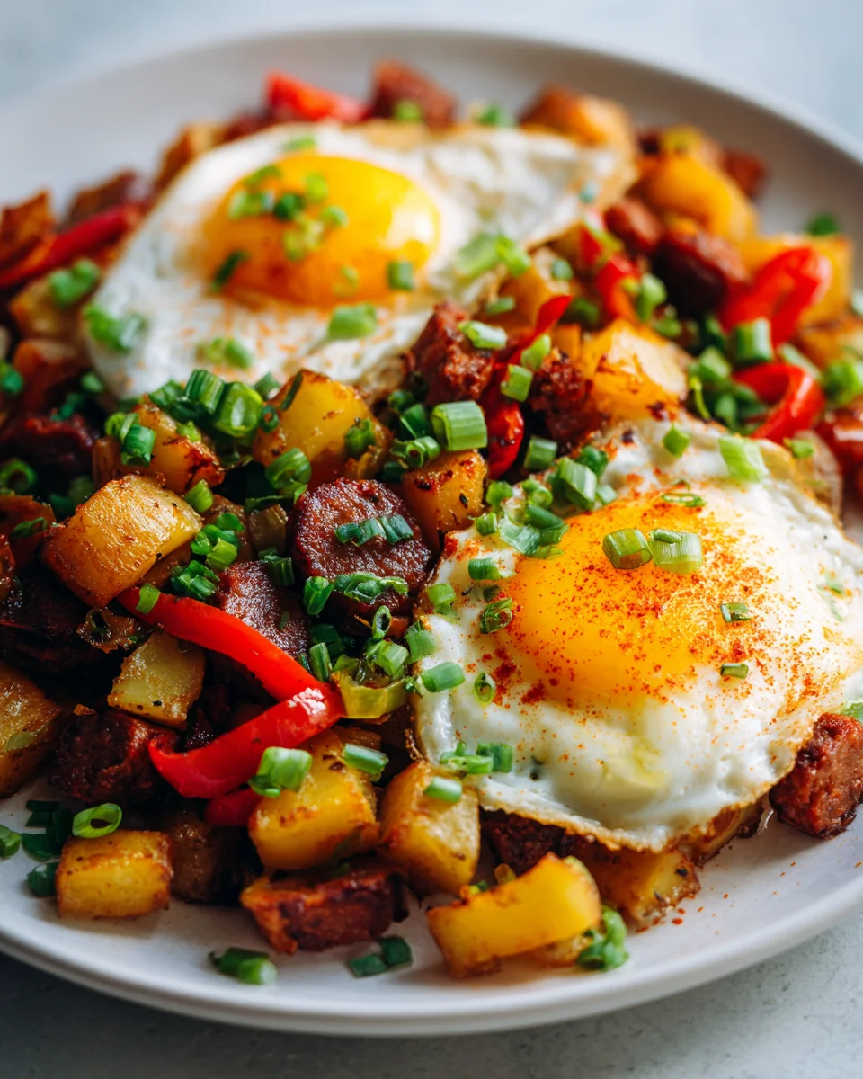 Cajun Beef Sausage Breakfast Hash with Eggs & Potatoes Recipe