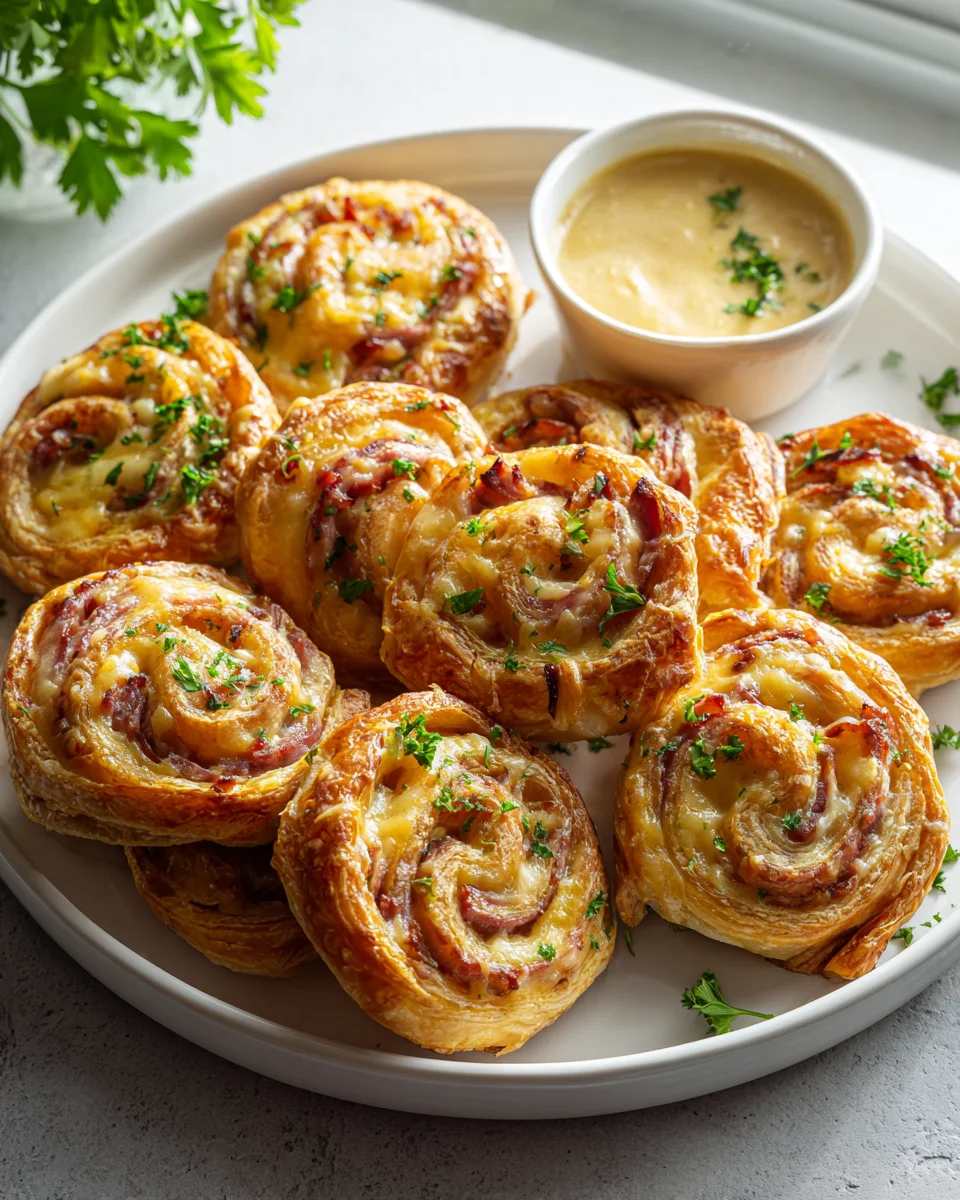 Beef Ham and Cheese Puff Pastry Pinwheels with Honey Mustard
