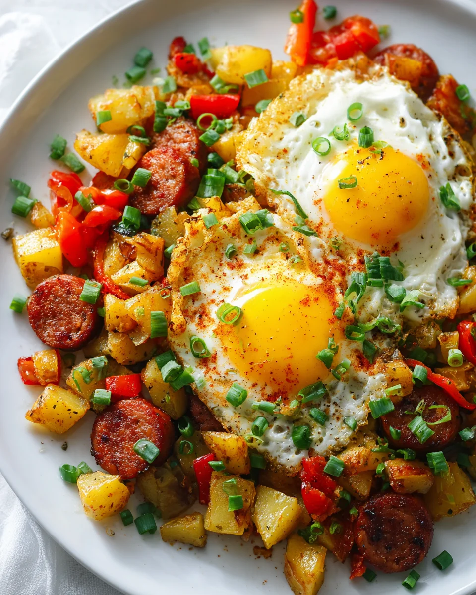 Cajun Beef Sausage Breakfast Hash with Eggs & Potatoes Recipe