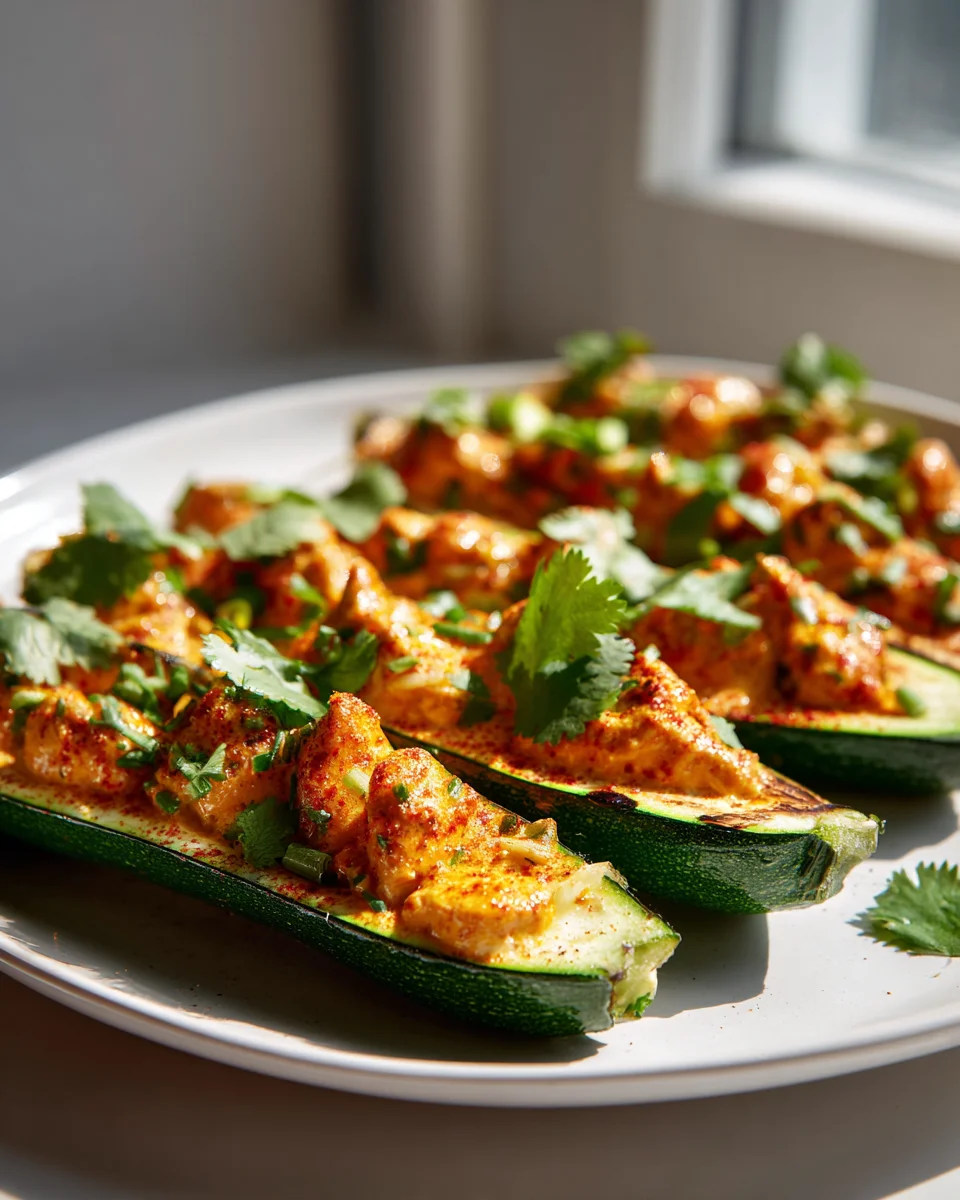 Butter Chicken Stuffed Zucchini Boats with Fresh Herbs Recipe