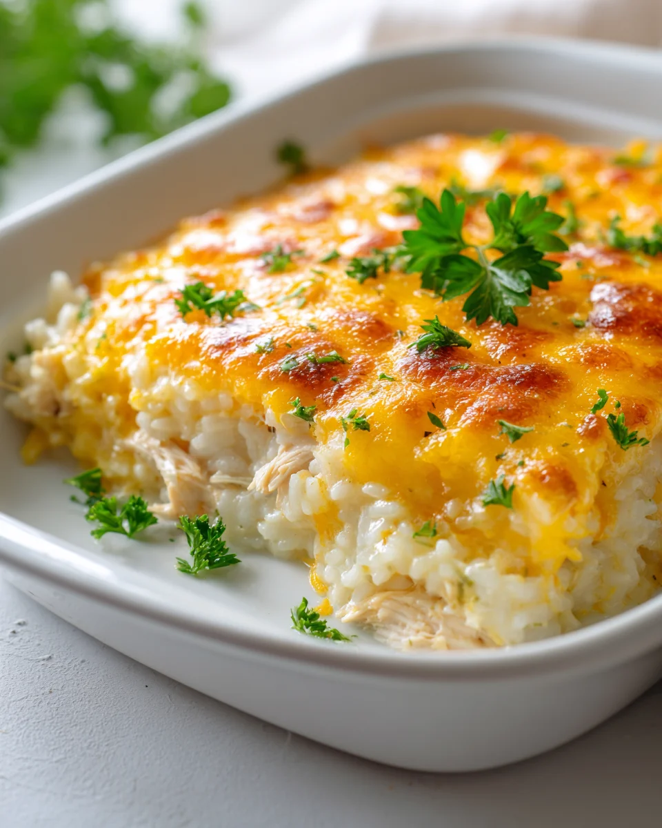 Creamy Chicken and Rice Casserole Bake with Cheese Delight