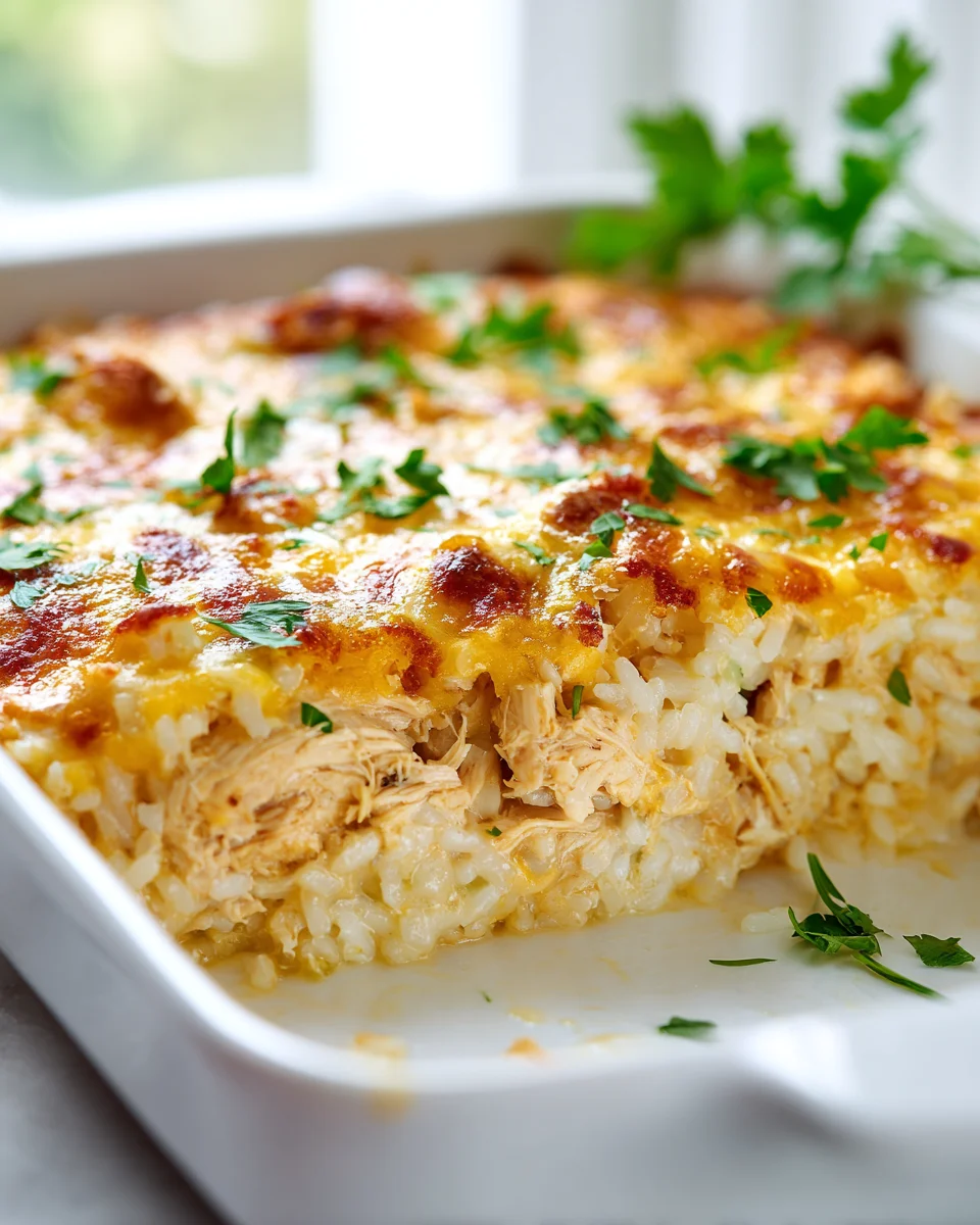Creamy Chicken and Rice Casserole Bake with Cheese Delight