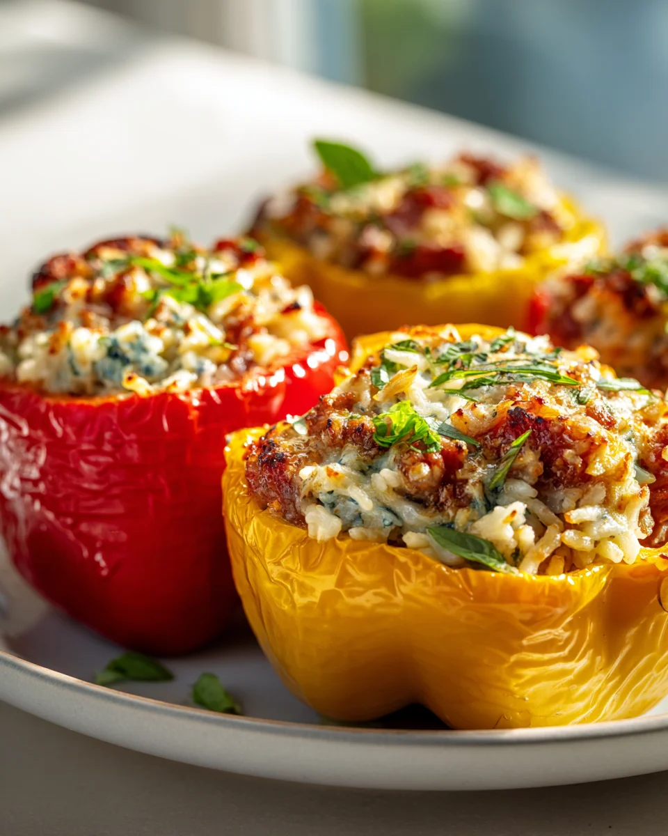 Kielbasa Stuffed Bell Peppers with Cheesy Beef Rice Filling